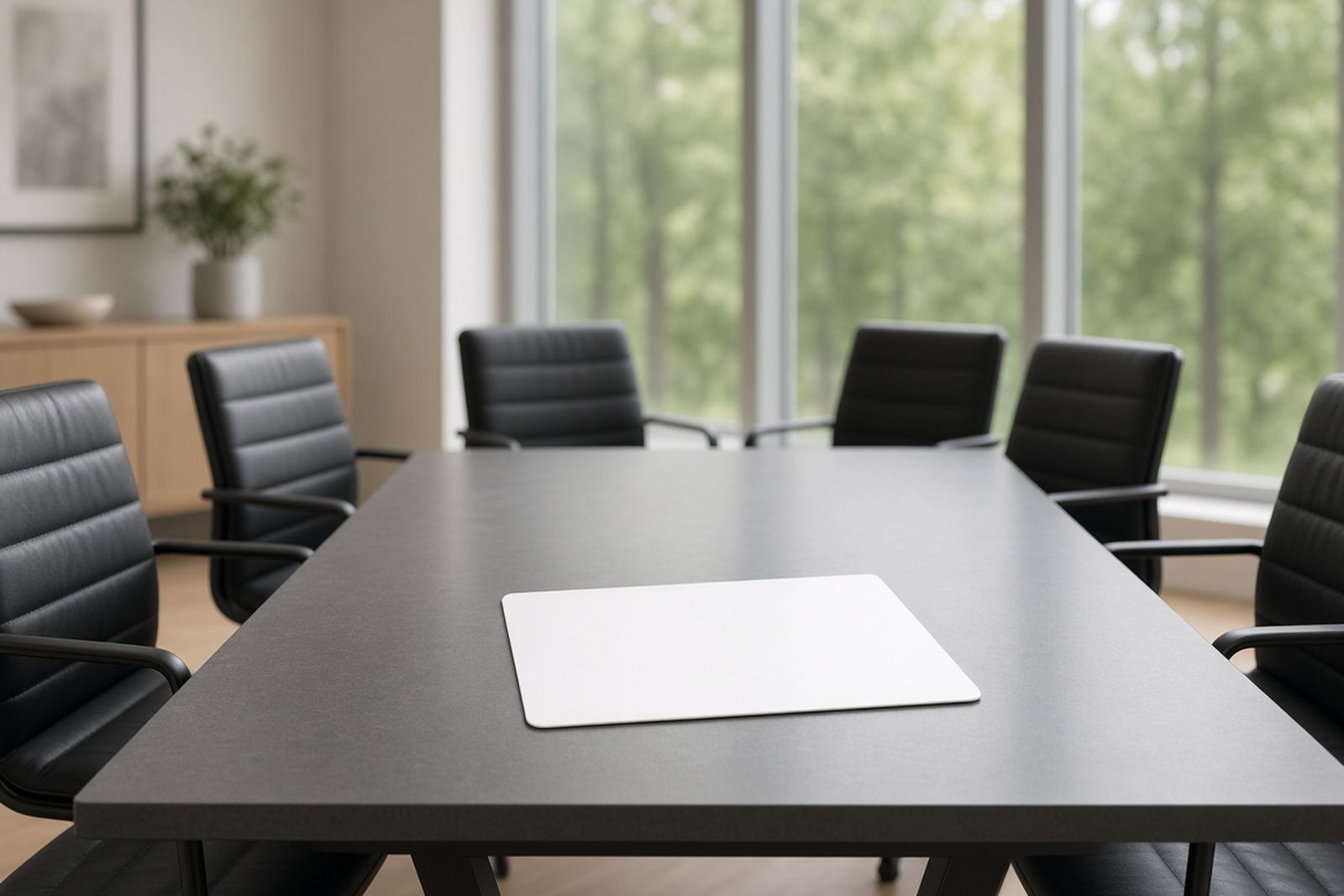 Clean conference room with chairs pushed in and a blank card on the table