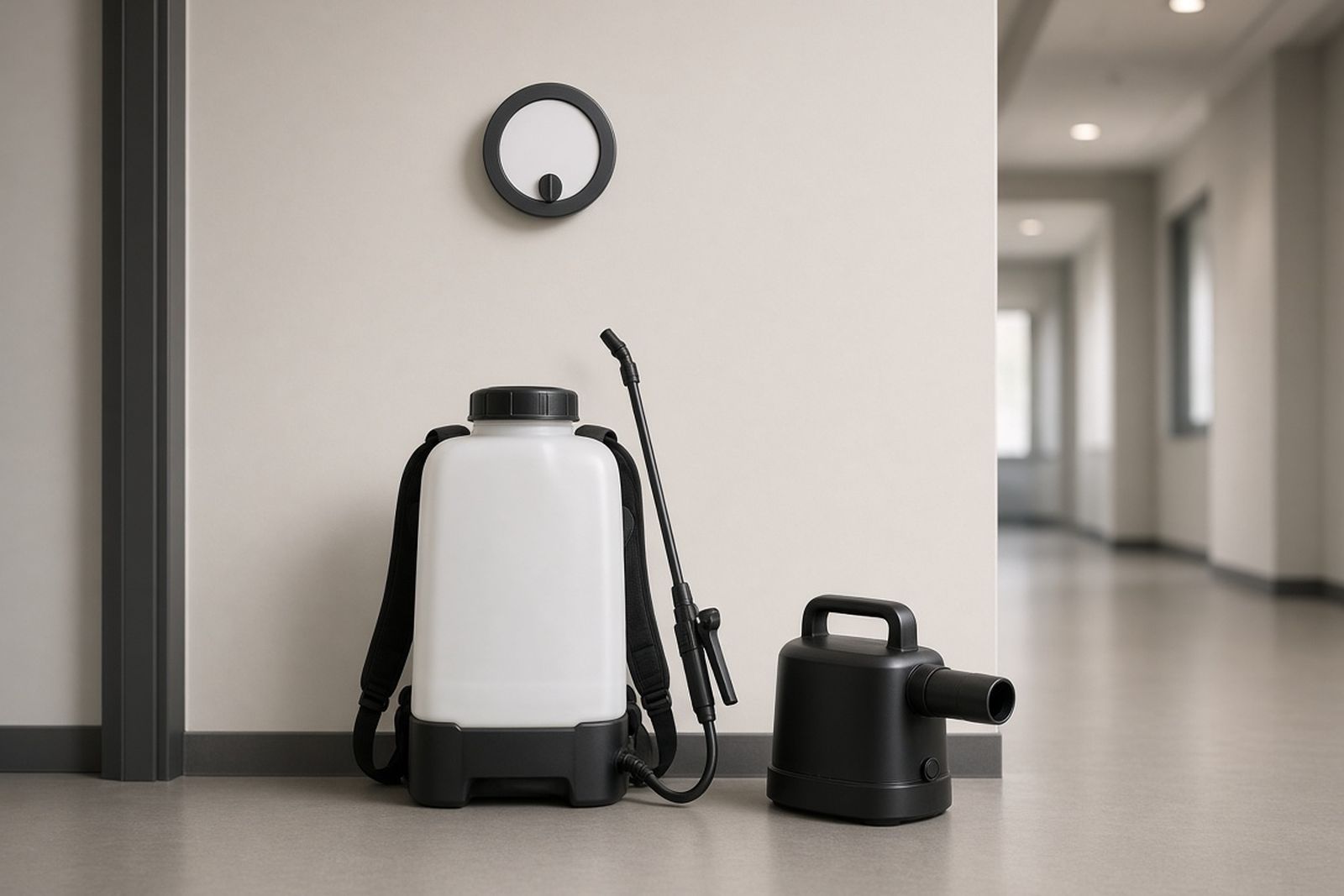 Backpack sprayer and a handheld fogger standing in an office hallway beside a wall timer